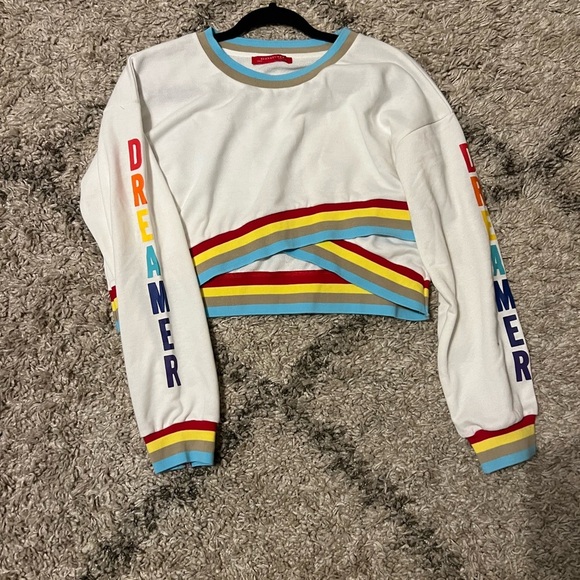 Dreamer White & Rainbow Asymmetrical Long Sleeve Crop Top size Medium (J120) - Picture 9 of 13